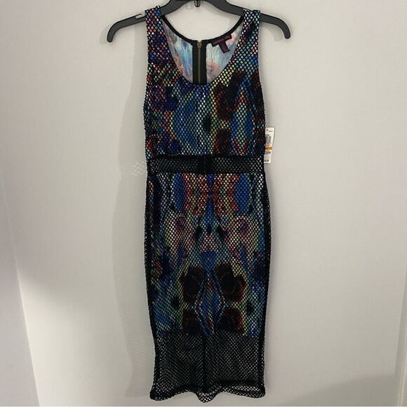 Material Girl Women’s Scoop Neck Mesh Colorful Sleeveless Zipper Bodycon Dress - Picture 1 of 3